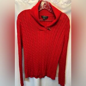 Lauren Ralph Lauren Women’s Size M Cable Knit Red Sweater Shawl Collar Button